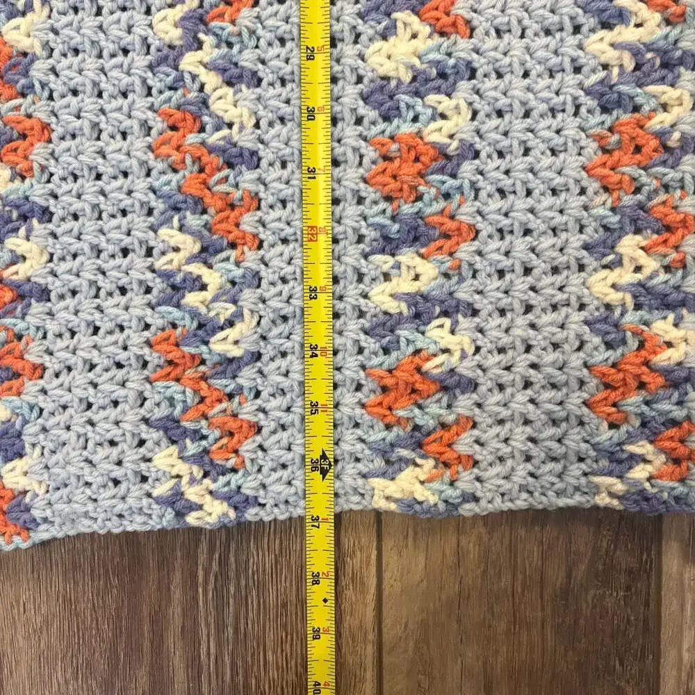 Handmade Crochet Lap Blanket Blue Coral Cream Variegated Striped Throw
